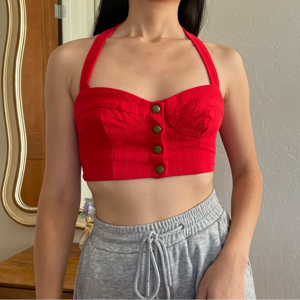 Urban Outfitters Red Halter Crop Top with Front Button Detail